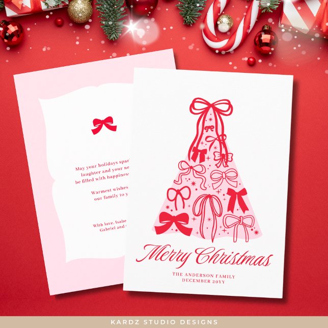 Tarjeta de navidad moderna de color rosa rojo Bow  (Front and back of 5 x 7 inches flat card shown. Personalize and choose paper and corner style.)