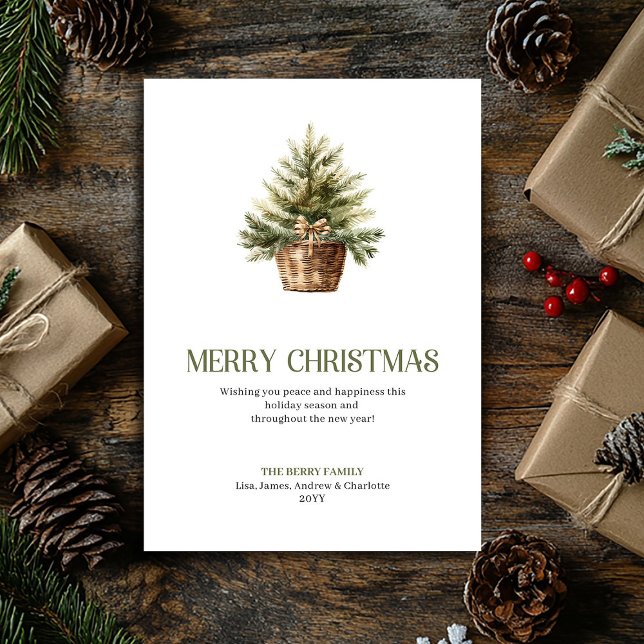 Tarjeta de Navidad moderna de marfil con bolsa de  (Earthy Christmas Ornament Sage Ivory Modern Card)
