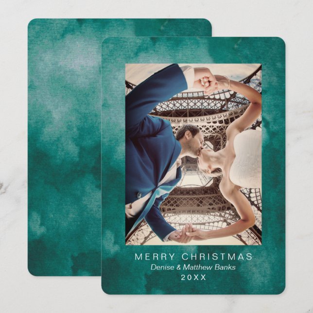 Tarjeta de Navidad moderna en verde quetzal con ac (Anverso / Reverso)