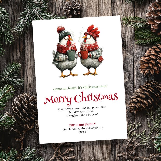 Tarjeta de Navidad moderna y caprichosa con gallin (Modern whimsical chickens Christmas greeting card

)