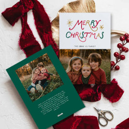 Tarjeta de Navidad moderna y colorida con dos foto