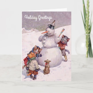 Tarjeta de Navidad, muñeco de nieve y gatos del