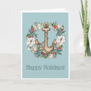 Tarjeta de Navidad náutica de corona de Navidad y 