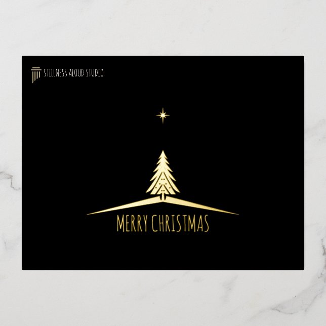 Tarjeta de Navidad Negra de Oro con Árbol Minimali (Anverso)