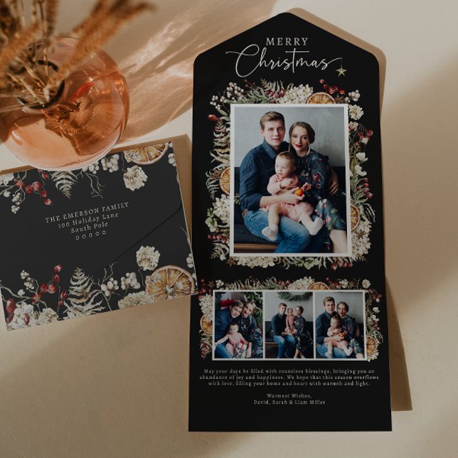 Tarjeta de Navidad negra plegable en tres partes (Black Boho Botanical Trifold Merry Christmas Send and Seal Holiday Photo Collage Card
)