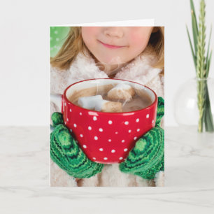 Tarjeta de Navidad niña taza de chocolate caliente
