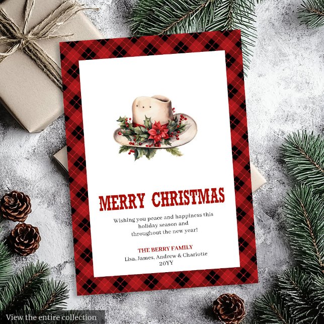 Tarjeta de Navidad occidental con estampado de som (Western Christmas card with cowboy hat print

)