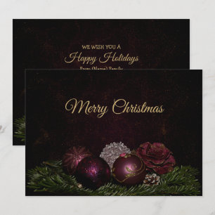 Tarjeta de Navidad Ornamentos Rosados Hojas Verdes