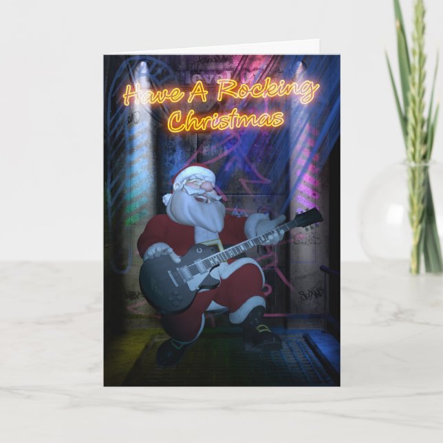 Tarjeta de Navidad oscilante de Santa - guitarra (Anverso)