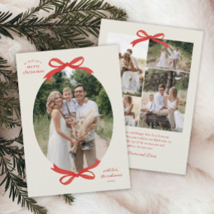 Tarjeta de Navidad ovalada con lazo rojo de Navida