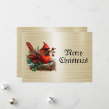 Tarjeta de Navidad Pájaros Cardinales Rojo Flores