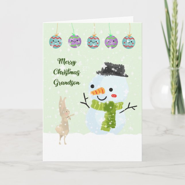 Tarjeta de navidad para el nieto joven Snowman (Anverso)
