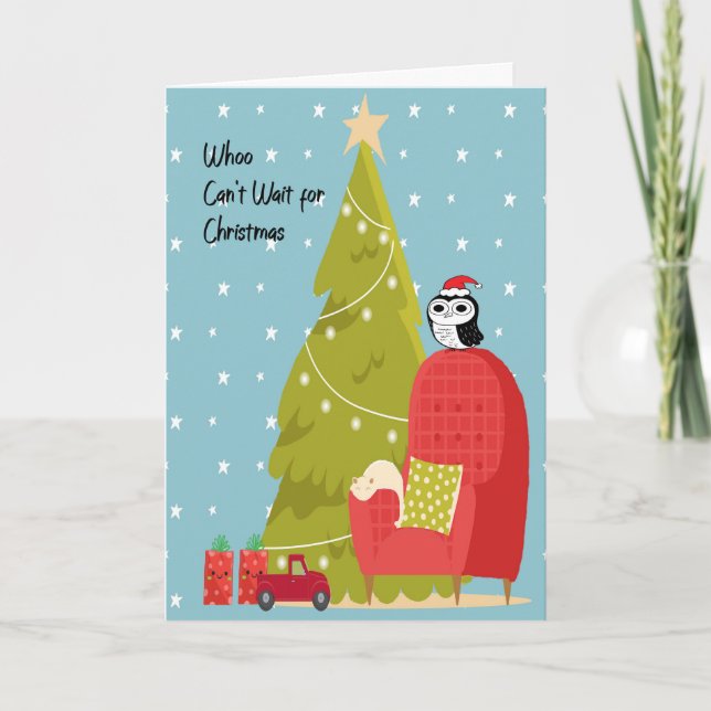 Tarjeta de navidad para niño con árbol y búho (Anverso)