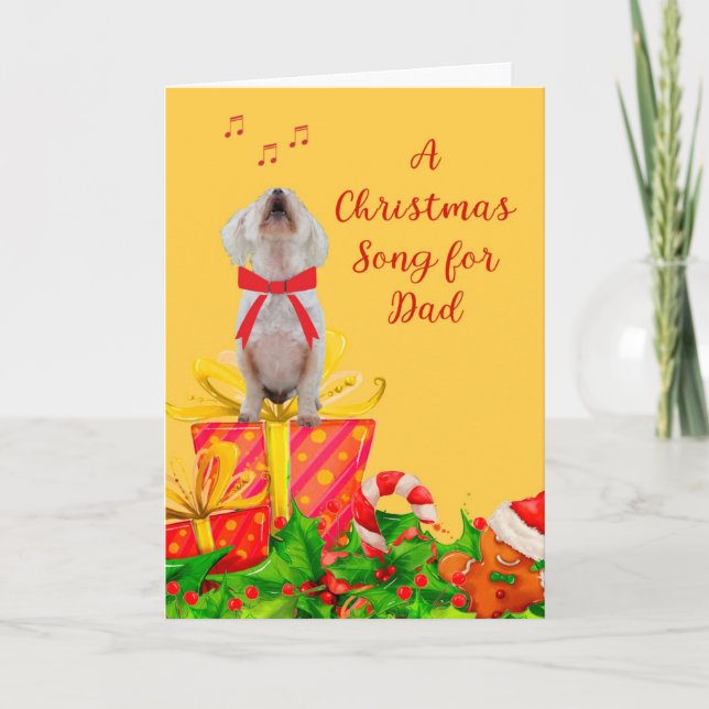 Tarjeta de Navidad para Papá Perro Blanco Cantando (Anverso)