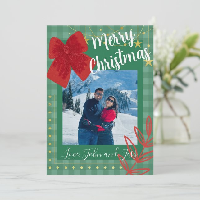Tarjeta de Navidad para parejas con fondo de cuadr (Anverso de pie)