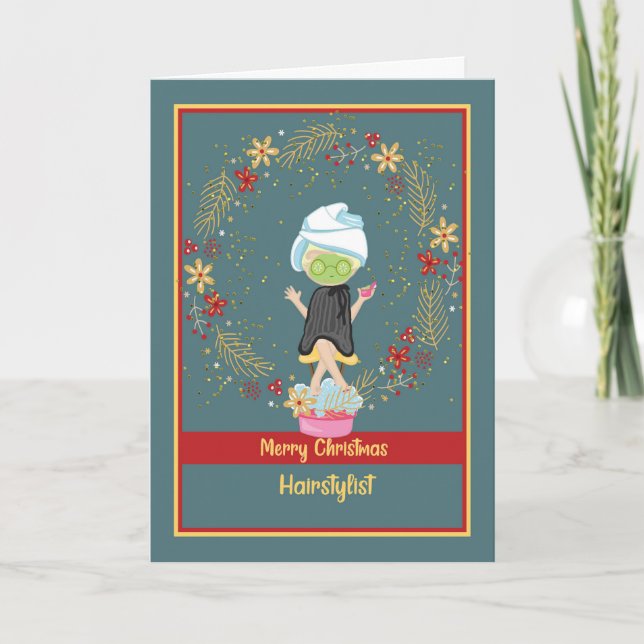 Tarjeta de Navidad para peluquero en verde (Anverso)