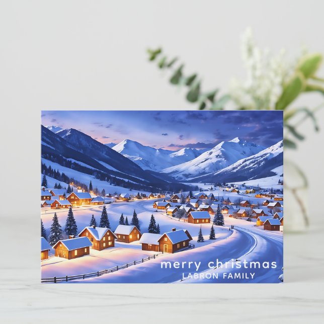 Tarjeta de Navidad personalizable, pueblo nórdico  (Anverso de pie)