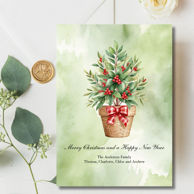 Tarjeta de Navidad personalizada árbol de bayas ro (Christmas Holiday Personalized Card with Laurel and Red Berries in a Wicker Basket Digital Download)