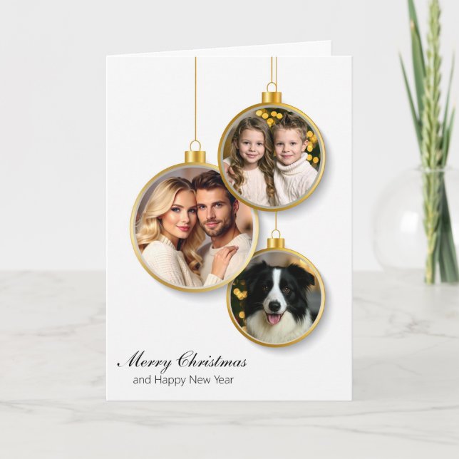Tarjeta de Navidad personalizada con adornos colga (Anverso)
