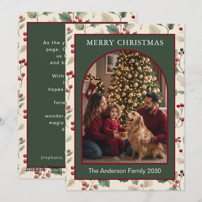 Tarjeta de Navidad personalizada con arco verde de (Anverso / Reverso)