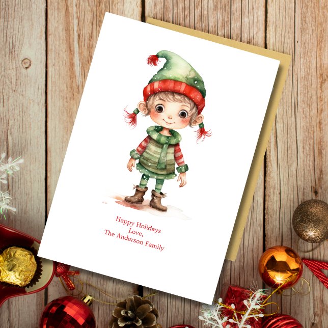 Tarjeta de Navidad personalizada con duendes de va (Elf Christmas Holiday card Cute Adorable Whimsical Personalize it. Printed or Instant Download)