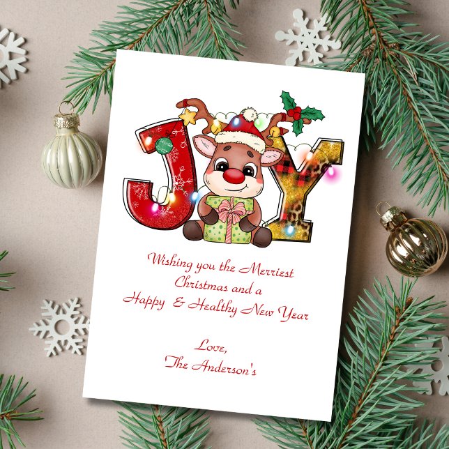 Tarjeta de Navidad personalizada con reno de alegr (Joy with Reindeer Personalized Christmas Card. Add your wording. Printed or Digital instant download)