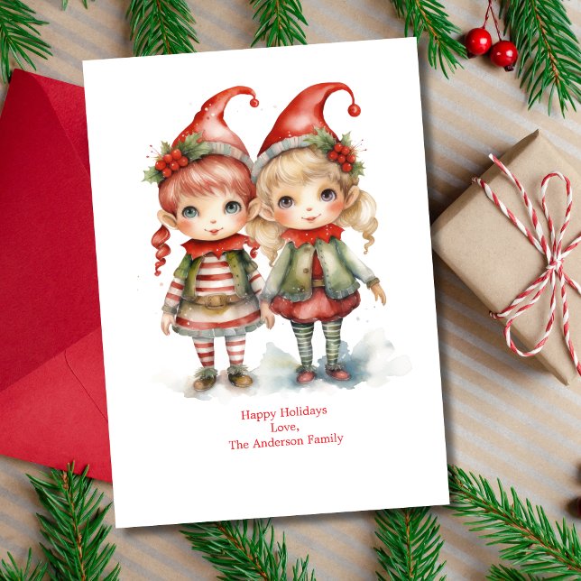 Tarjeta de Navidad personalizada de duendes navide (Christmas Elves on this holiday card. Two cute elves. Printed or Digital Instant download)