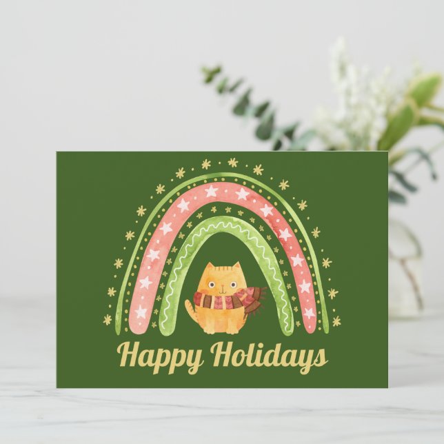 Tarjeta de Navidad personalizada de gato y arcoíri (Anverso de pie)