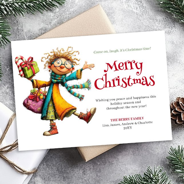 Tarjeta de Navidad personalizada de mujer capricho (Fun Whimsical Woman Personalized Christmas Card)