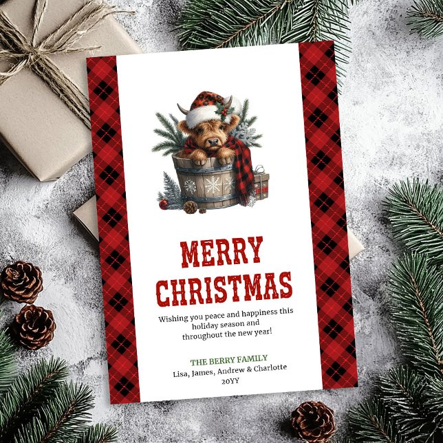 Tarjeta de Navidad personalizada de vaca de las ti (Personalized highland cow Christmas greeting Holiday Card)