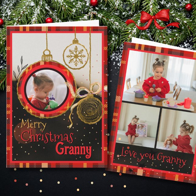 Tarjeta de Navidad personalizada para abuela con f (Custom Granny Christmas Photo Card | Red Plaid)