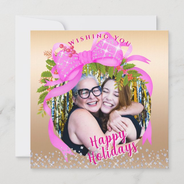 Tarjeta de Navidad plana con cinta rosa brillante (Anverso)