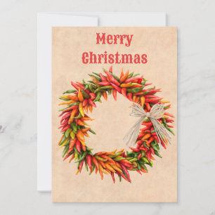 Tarjeta de Navidad plana con corona de ristras del