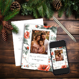 Tarjeta de Navidad plana floral vintage rosa con f