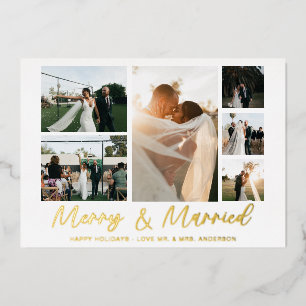Tarjeta de Navidad plateada Merry & Married con 6
