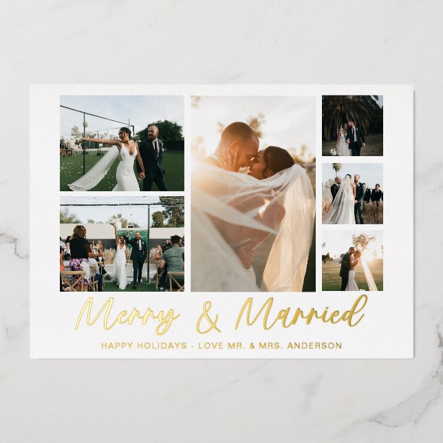 Tarjeta de Navidad plateada Merry & Married con 6  (Anverso)