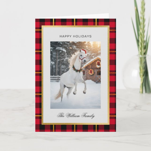 Tarjeta de Navidad plegada con foto de caballo a c (Anverso)