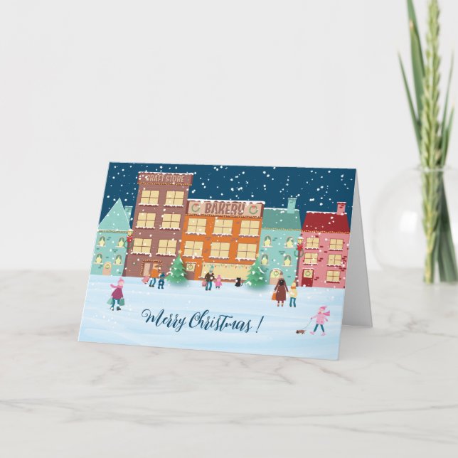 Tarjeta de Navidad plegada de Nochebuena en el pue (Anverso)