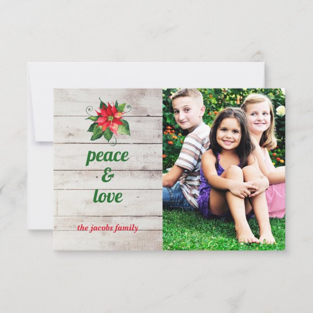 Tarjeta de Navidad Poinsettia Paz y Amor - 3x5 (Anverso)