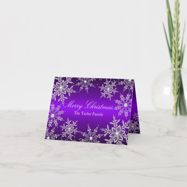 Tarjeta de Navidad Purple Crystal Snowflake Merry (Anverso)