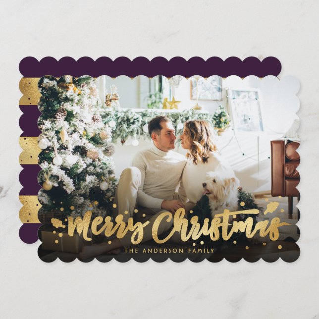 Tarjeta de Navidad Purple Gold Photo Merry (Anverso / Reverso)