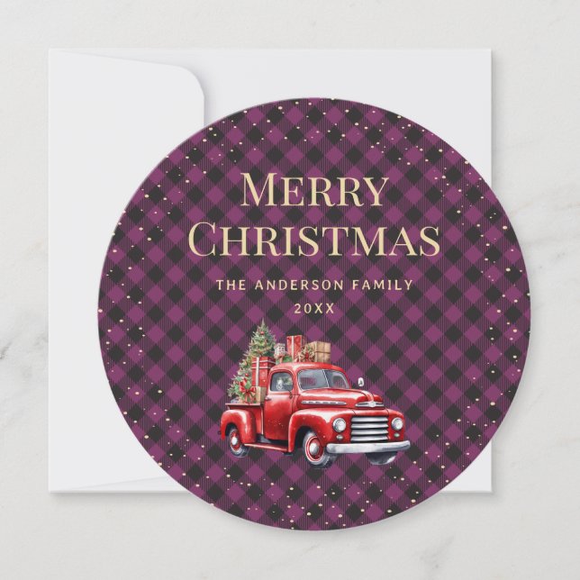 Tarjeta de Navidad Purple Plaid Red Truck Merry (Anverso)
