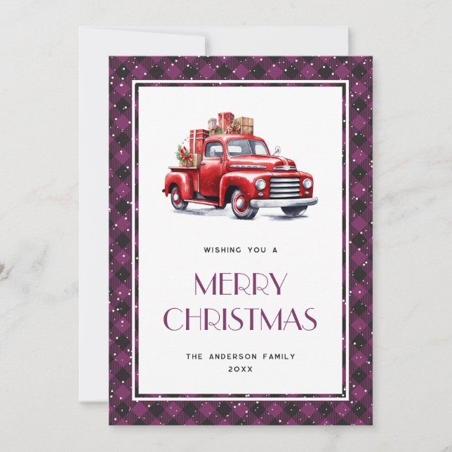 Tarjeta de Navidad Purple Plaid Retro Red Truck Me (Anverso)