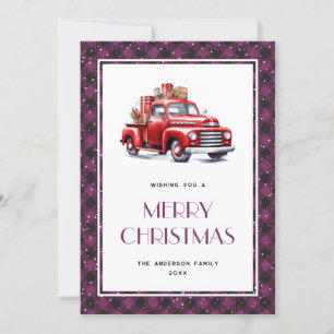 Tarjeta de Navidad Purple Plaid Retro Red Truck Me