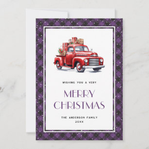 Tarjeta de Navidad Purple Plaid Snow Red Truck Mer
