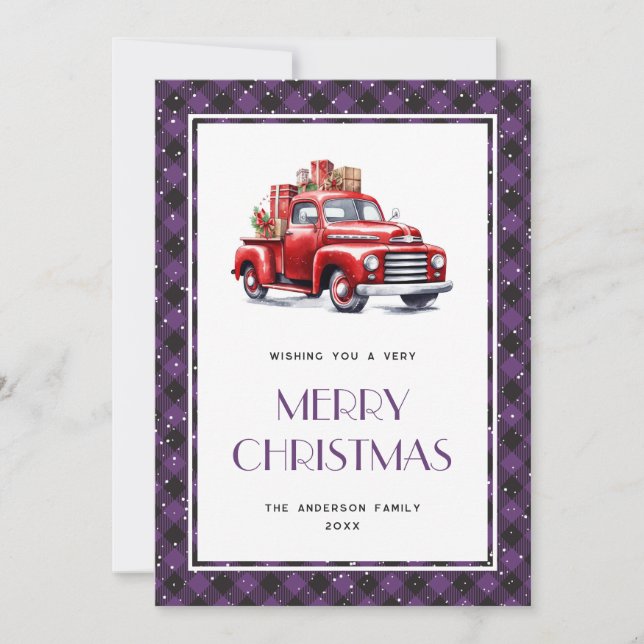 Tarjeta de Navidad Purple Plaid Snow Red Truck Mer (Anverso)