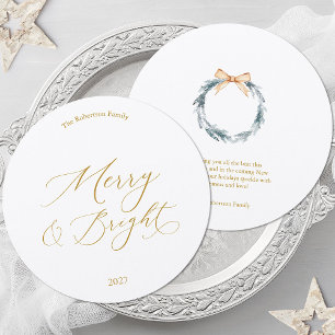 Tarjeta de Navidad redonda con guión dorado y coro