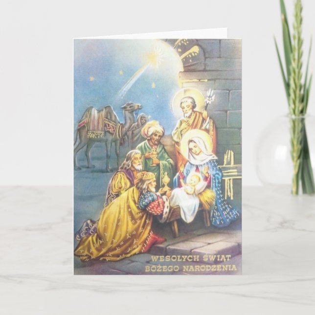 Tarjeta de Navidad religiosa antigua polaca (Anverso)