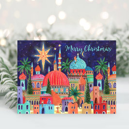 Tarjeta de Navidad religiosa de ciudad oriental
