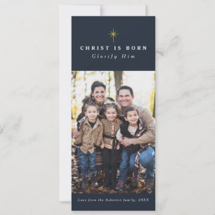 Tarjeta de Navidad religiosa de foto Cristo ha nac